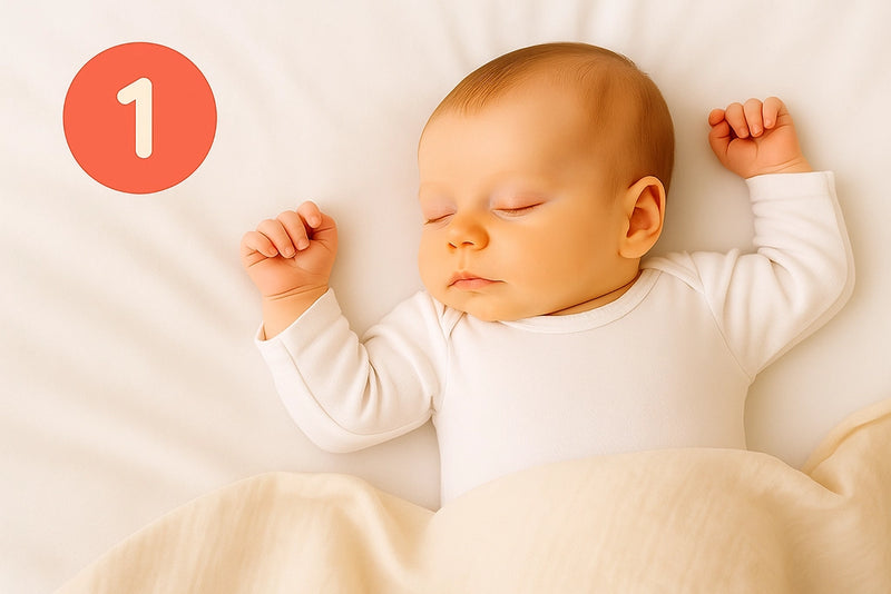 Baby schläft mit beiden Händen nach oben und links steht eine 1