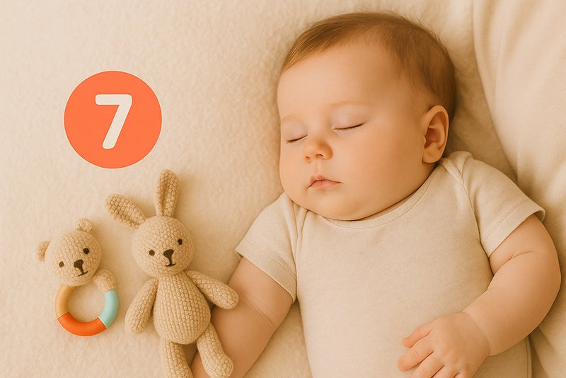 Baby schläft mit Kuscheltieren