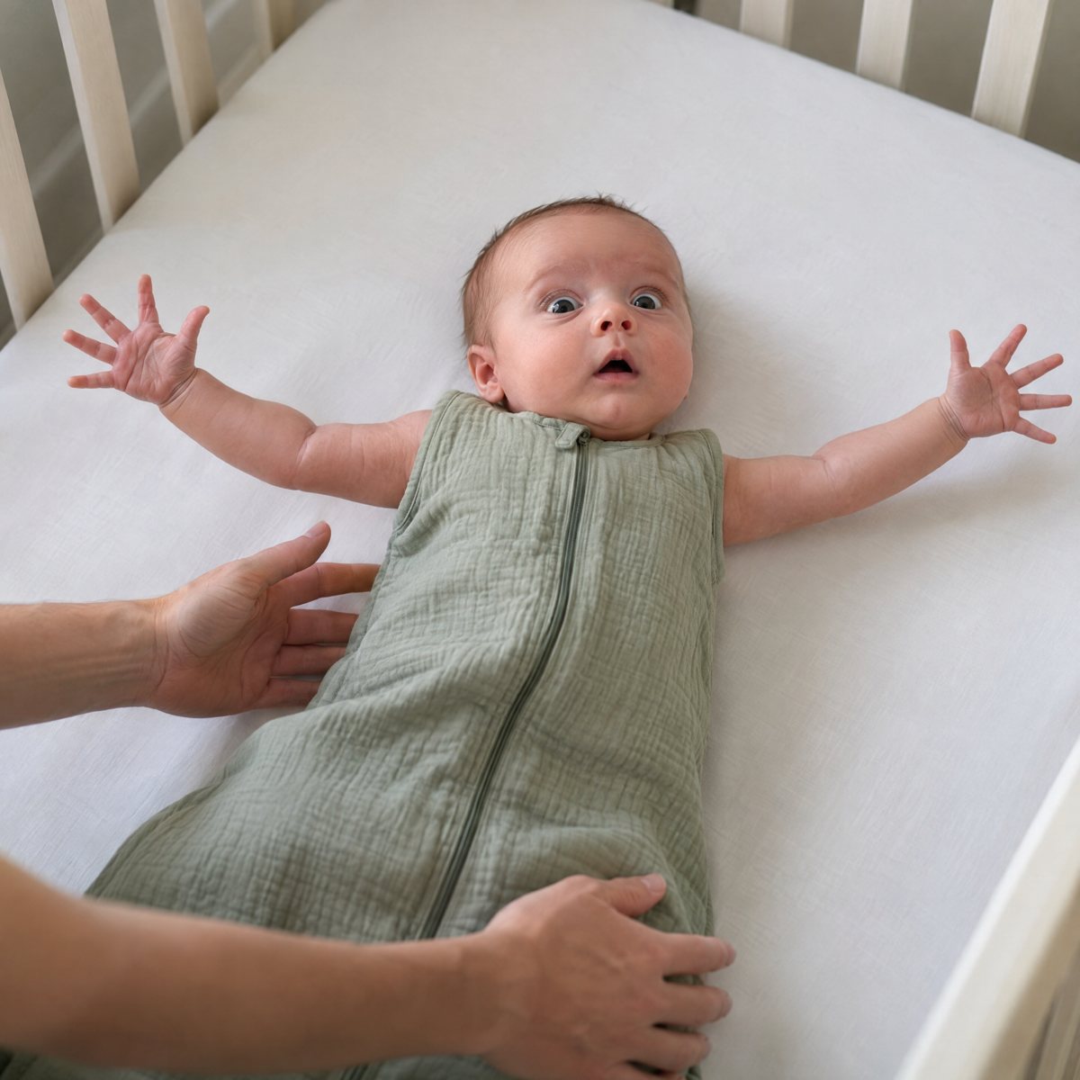 Moro-Reflex beim Ablegen: Baby reißt die Arme hoch und spreizt die Finger