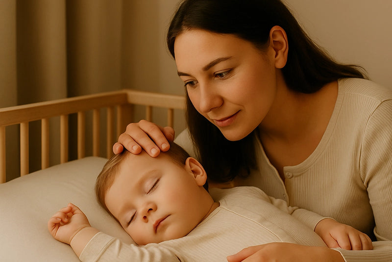 Mutter hält schützdende Hand auf ihr gerade einschlafendes Kind