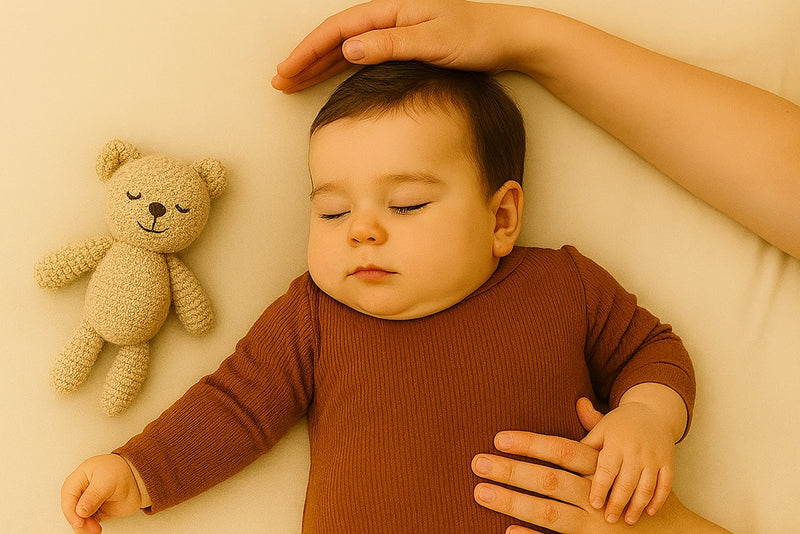 Baby mit schützender Hand von Mutter und Plüschtier